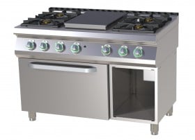 RM Gastro STPST 7120/21 G Gáztűzhely 4 égővel, francialappal, gázüzemű sütővel és nyitott oldalsó tárolóval