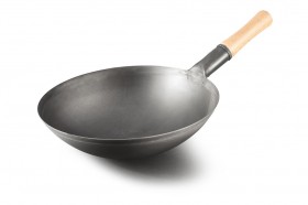 WOK serpenyő szénacélból, fa nyéllel, 38 cm